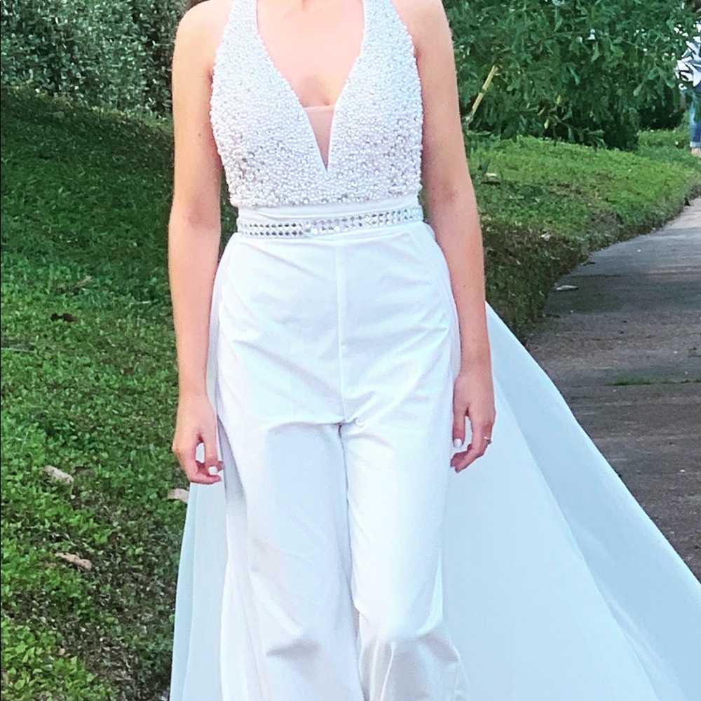 Terani Couture size 8 white jumpsuit with detachable train! Fully beaded halter!
